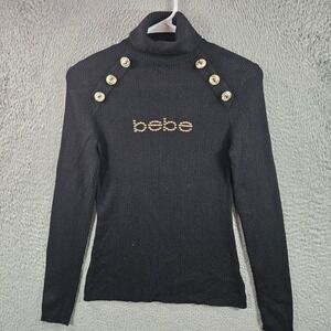 Bebe Black Turtleneck Sweater Gold Button Embellished Logo Ribbed Knit Women's L